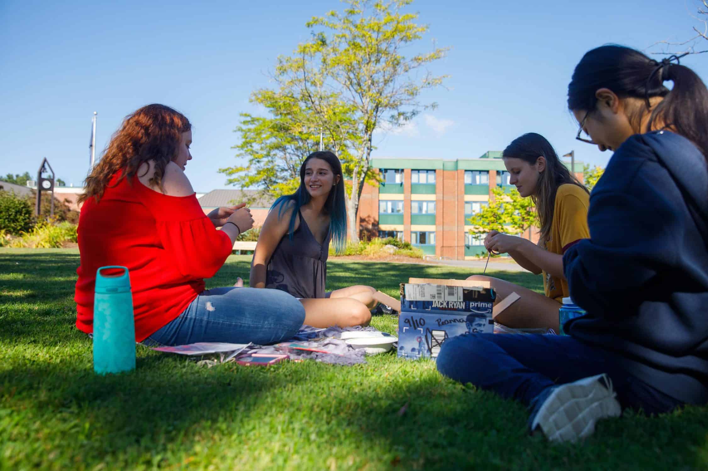 Students sit on the lawn